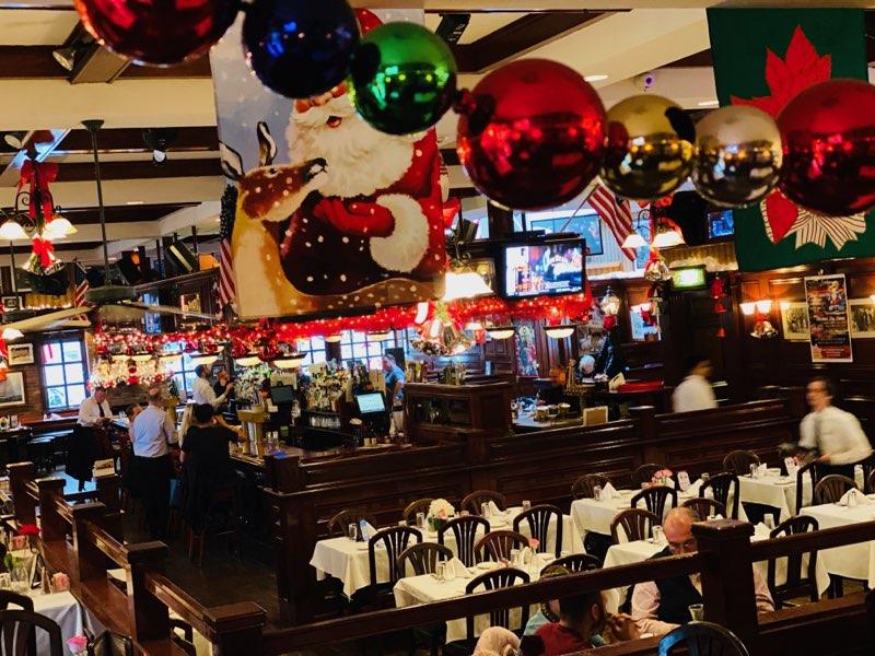bar decorated with Christmas balls